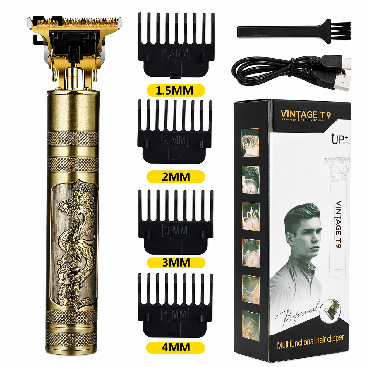 Premium Vintage T9 Rechargeable Hair Trimmer Golden 4 Blades