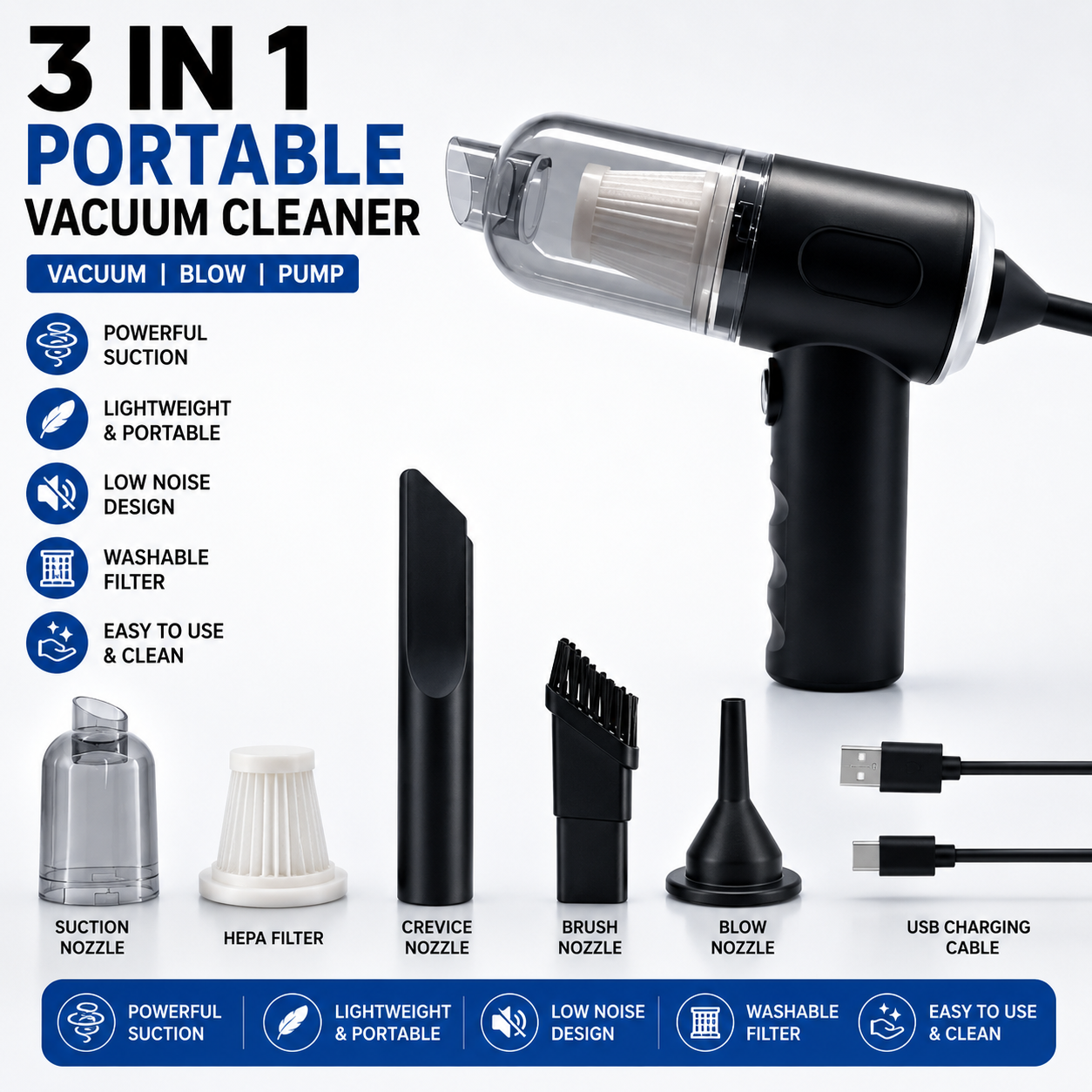 3-in-1 Smart Portable Vacuum Cleaner — Car, Home & Office | Cordless & Rechargeable
