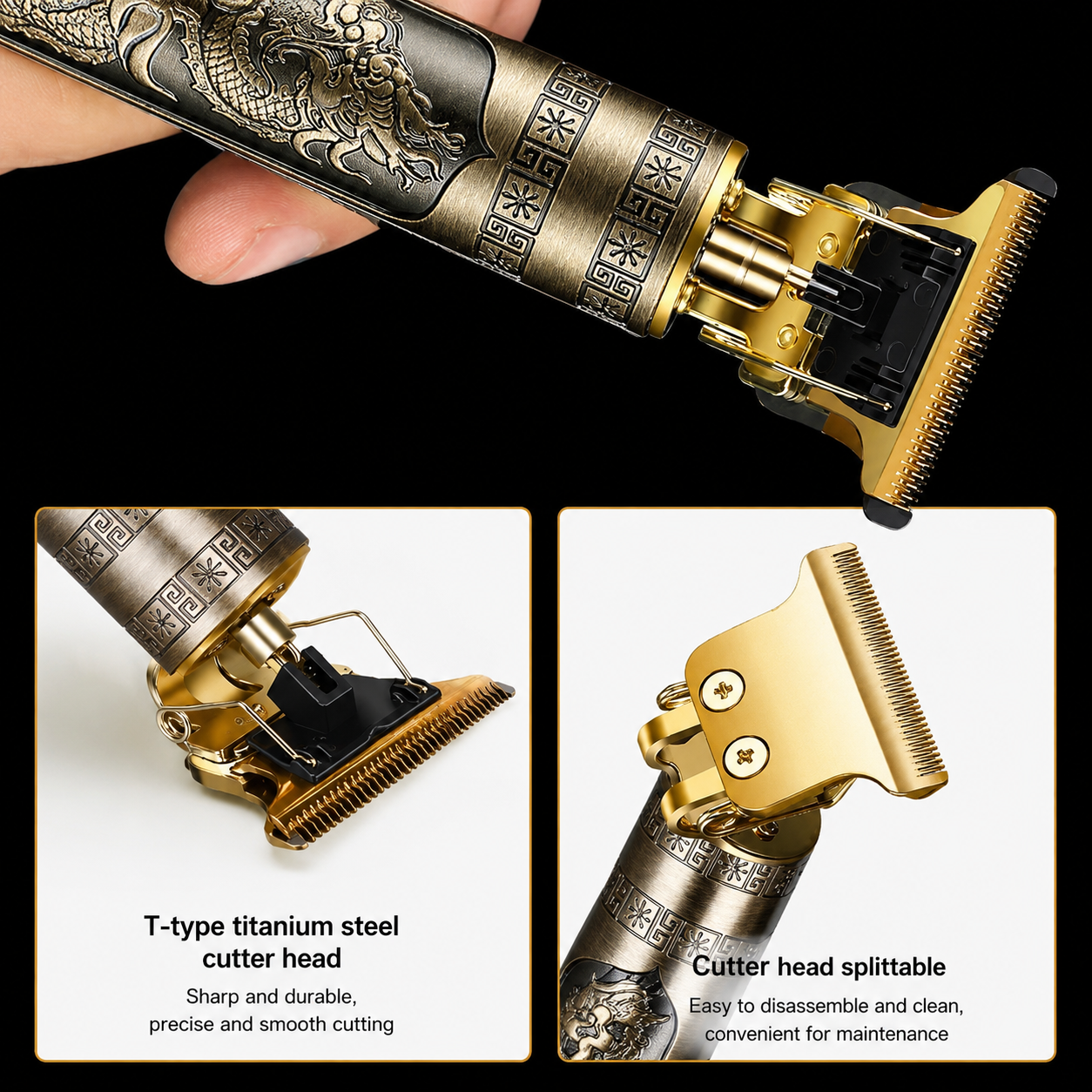 Premium Vintage T9 Rechargeable Hair Trimmer Golden 4 Blades