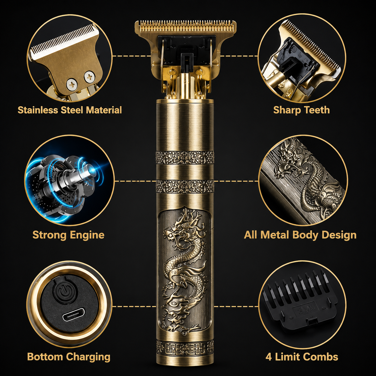 Premium Vintage T9 Rechargeable Hair Trimmer Golden 4 Blades