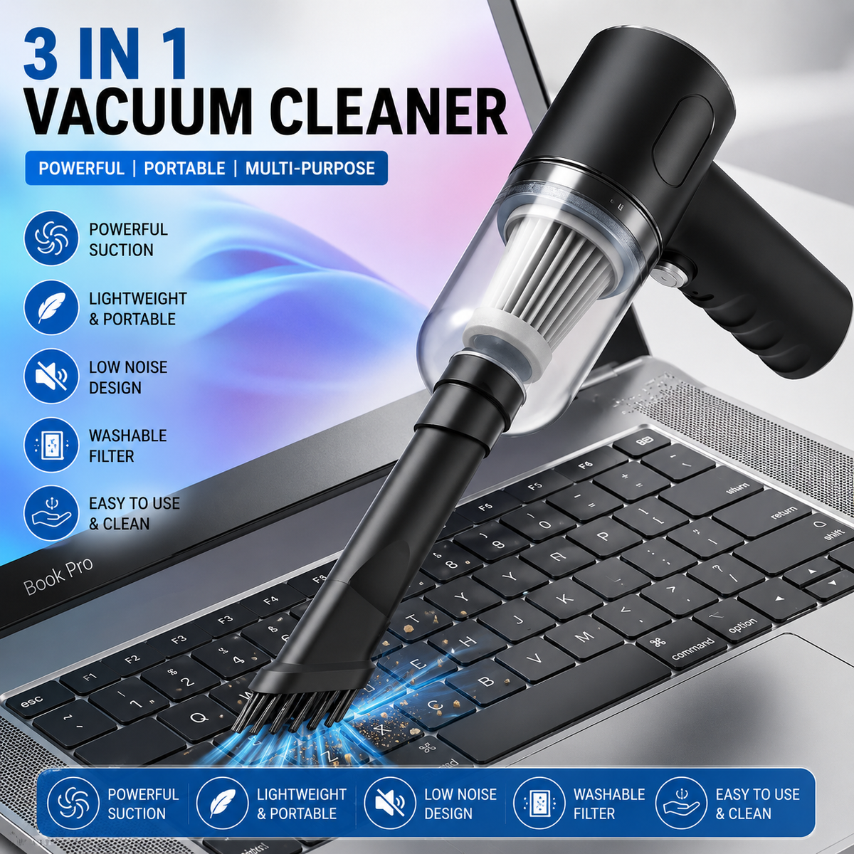 3-in-1 Smart Portable Vacuum Cleaner — Car, Home & Office | Cordless & Rechargeable