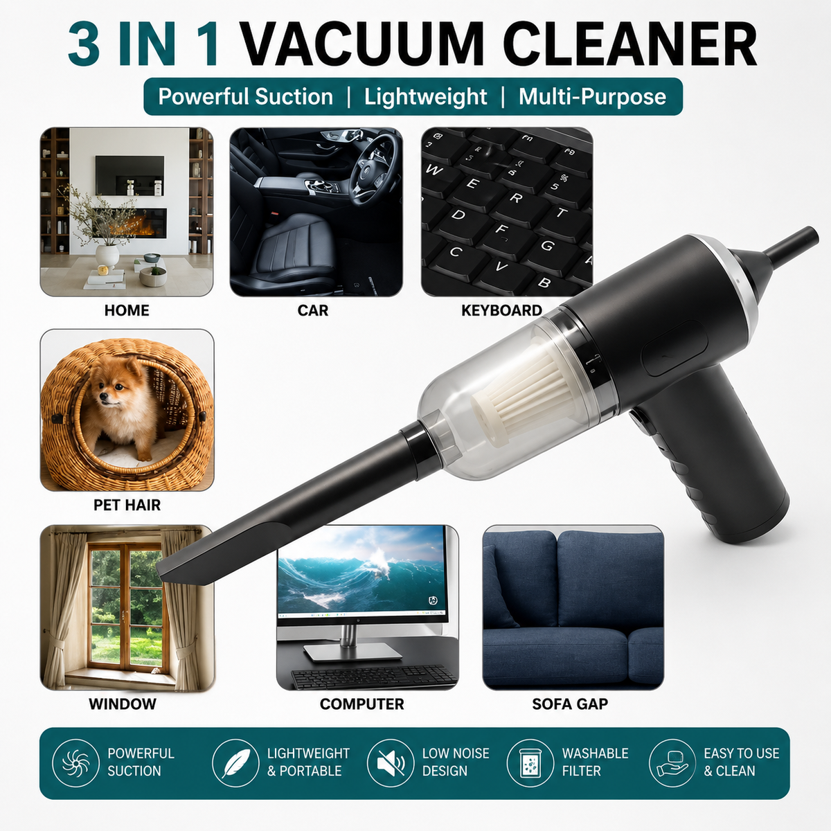 3-in-1 Smart Portable Vacuum Cleaner — Car, Home & Office | Cordless & Rechargeable