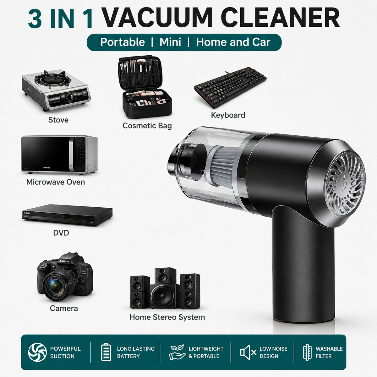 3-in-1 Smart Portable Vacuum Cleaner — Car, Home & Office | Cordless & Rechargeable