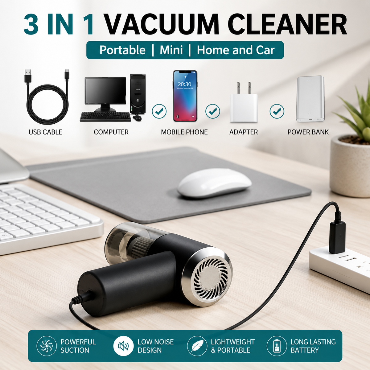 3-in-1 Smart Portable Vacuum Cleaner — Car, Home & Office | Cordless & Rechargeable