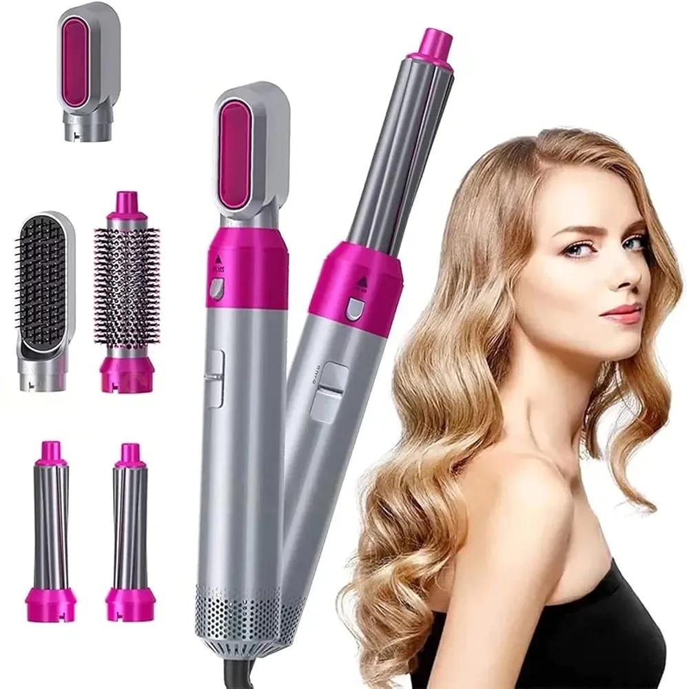 5-in-1 Hot Air Styler Pink Silver-Hair Curler Brush