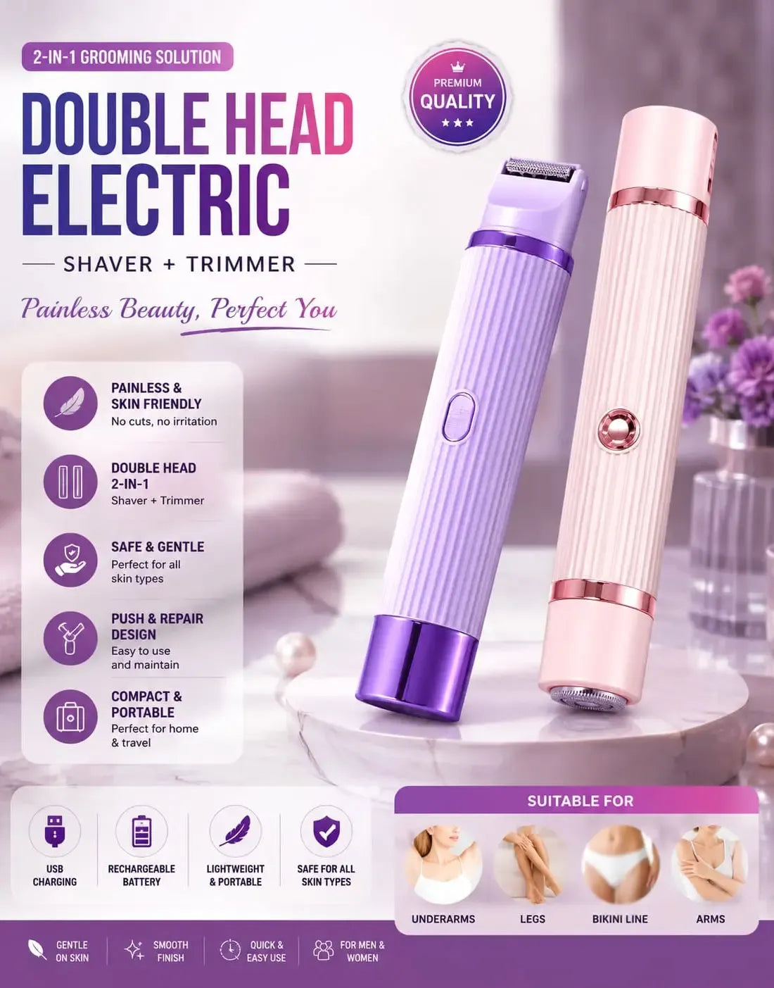 BLAWLESS 2-in-1 Electric Shaver & Trimmer – USB Rechargeable Double Head Hair Remover 💜
